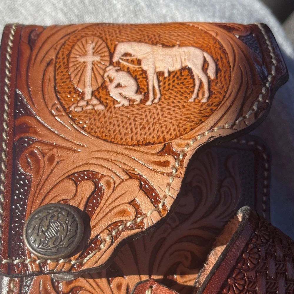 Tooled Leather Western Wallet with Horse Design - Brown